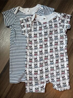 HB Kids Blue Striped & White Frenchie Dog Print Bodysuits Set 100% Cotton